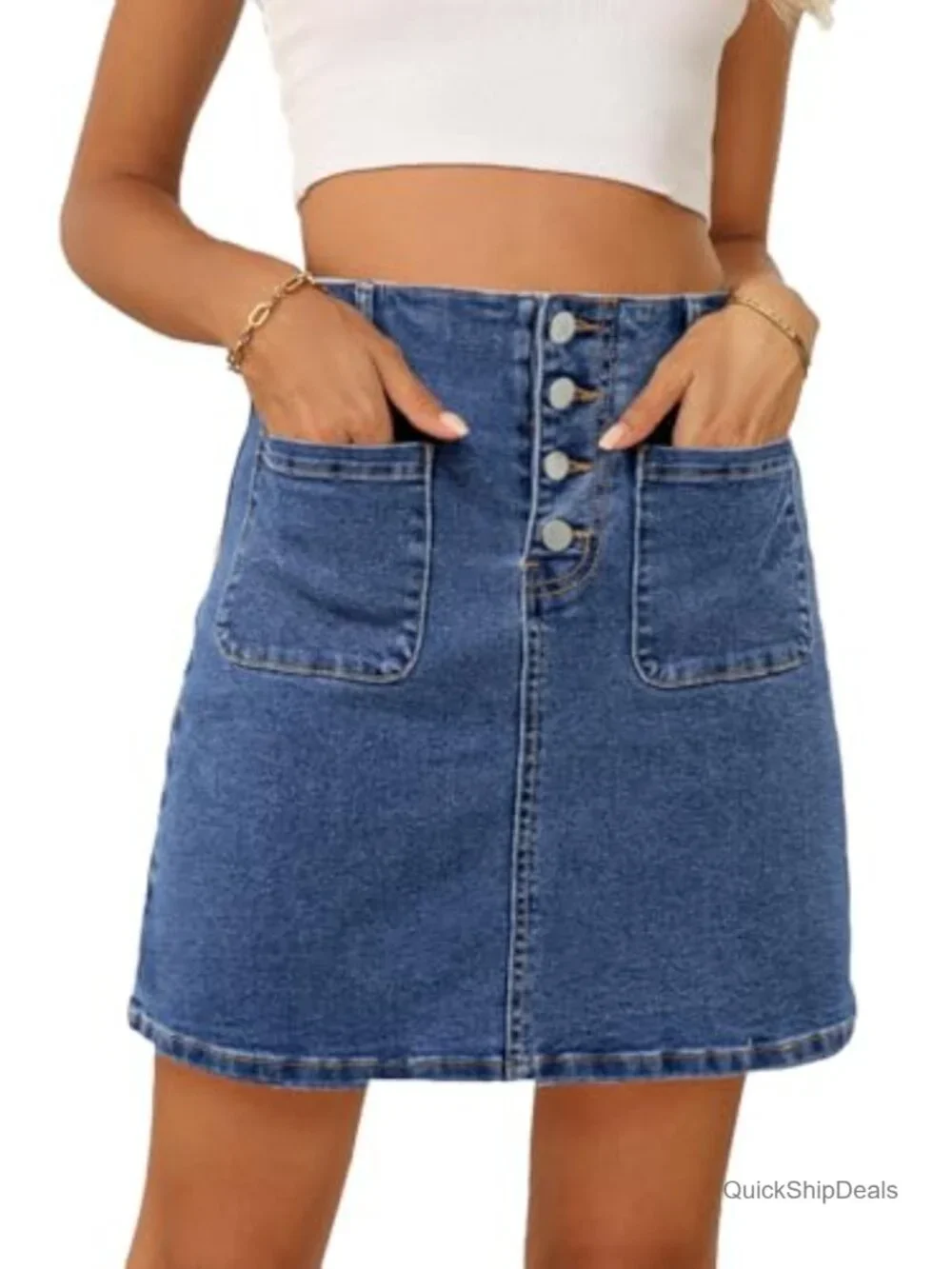 High Waist A-Line Denim Skirt with Pockets, Cotton Blend, Button Down
